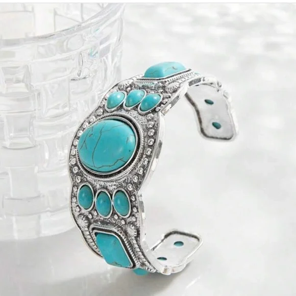 1 Pc Vintage Style Bohemian Natural Turquoise Open Bracelet - Picture 4 of 5